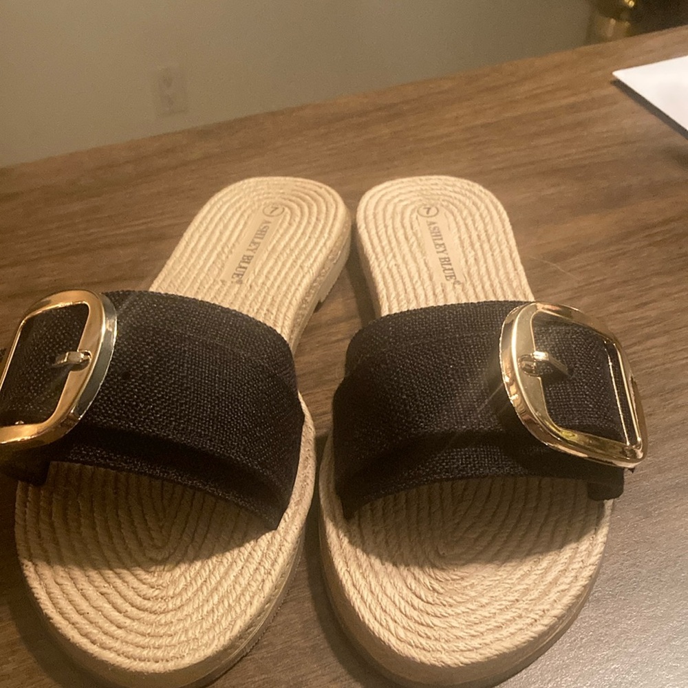 Ashley Blue Black and Gold Sandals with Espadrille Base